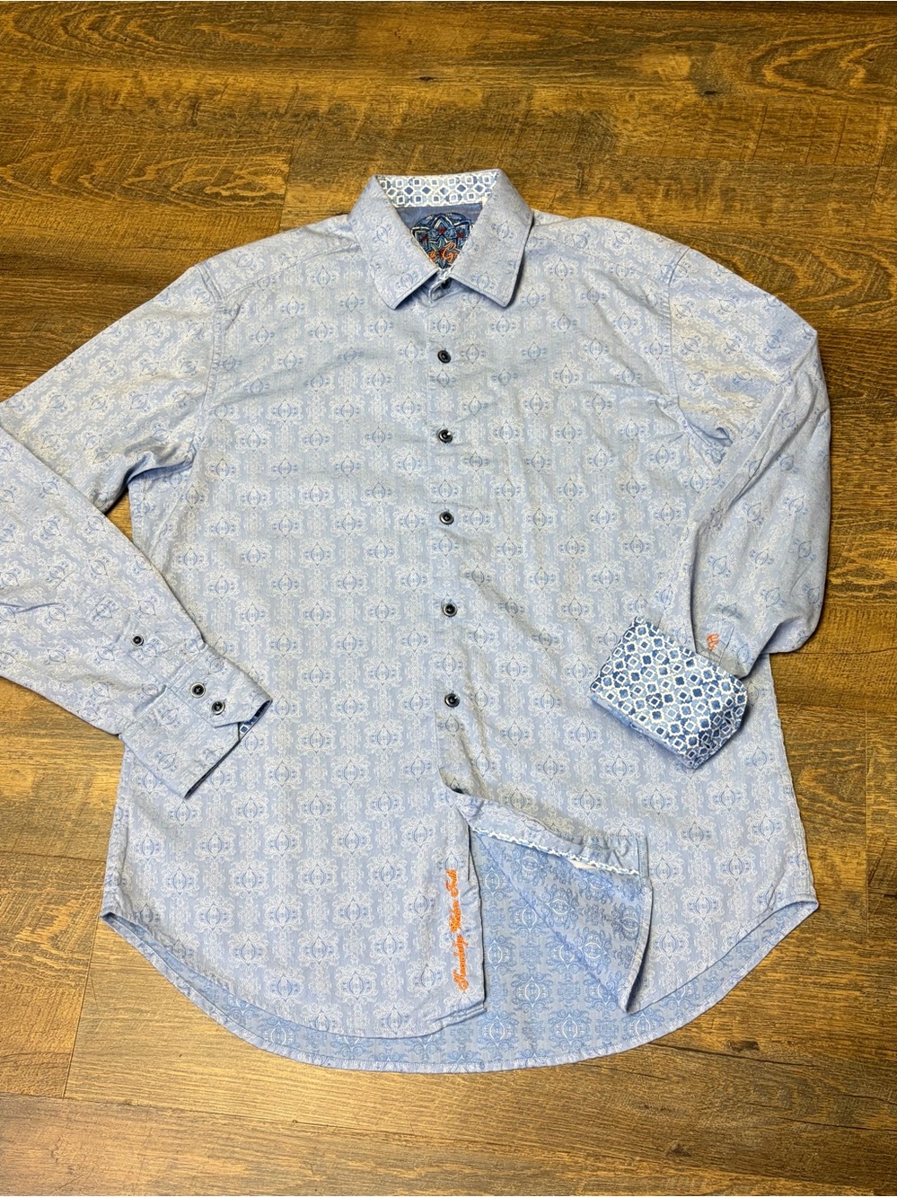 Robert Graham Button Front Shirt Mens Medium Blue Paisley Jacquard Flip Cuff